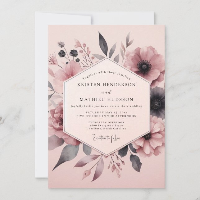 Convite Casamento com Flor Sombría Rosa Empoeirada (Frente)