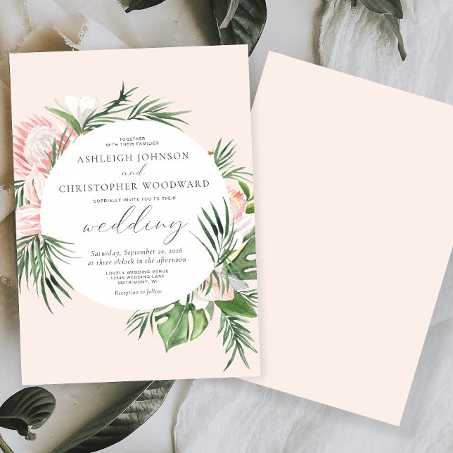 Convite Casamento com Flor Tropical em Círculo em Aquarela (Criador carregado)