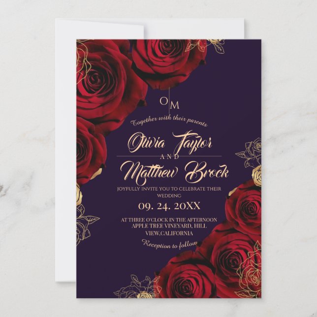 Convite Casamento com Flor ⎮ Violeta e Ouro (Frente)