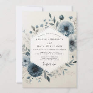 Convite Casamento com Flora Antiga Azul Empoeirada