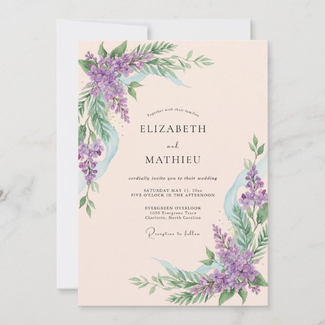 Convite Casamento com Flora Botânica de Lavanda (Frente)