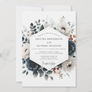 Convite Casamento com Flora de Azul Empoeirado e Ferrugem