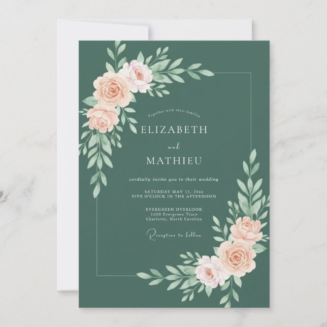 Convite Casamento com Flora de Pêssego Empoeirado (Frente)