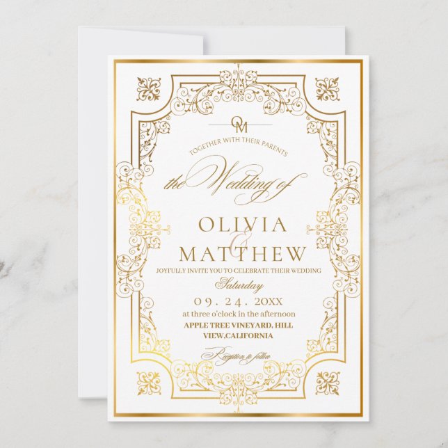 Convite Casamento com Flora Dourada Chic (Frente)