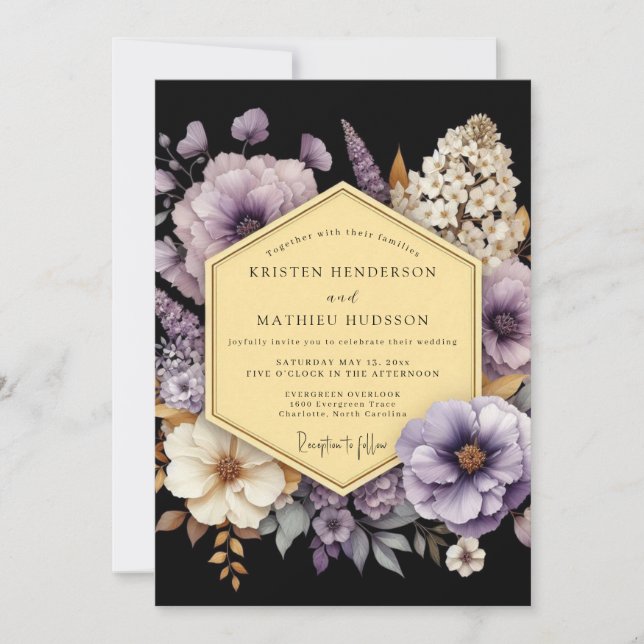 Convite Casamento com Flora Dourada de Ámbar (Frente)