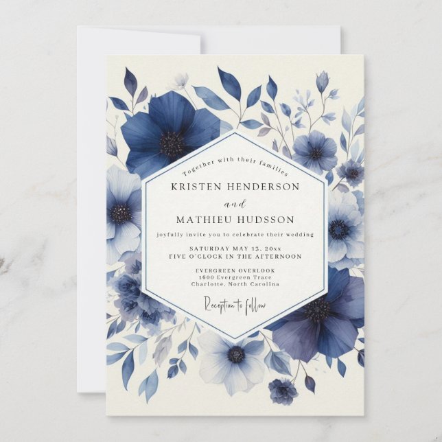 Convite Casamento com Flora em Aquarela Azul-Marinho (Frente)