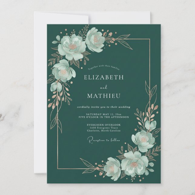 Convite Casamento com Flora em Flor de Teal Botânico (Frente)