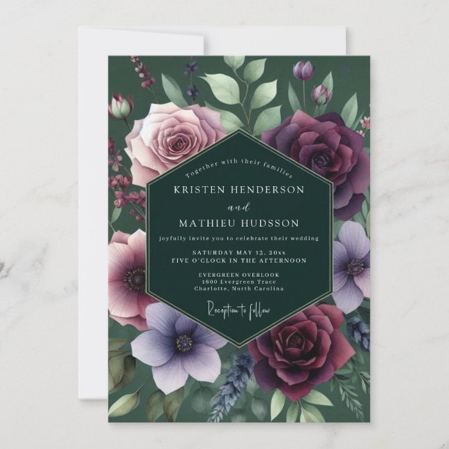 Convite Casamento com Flora Esmeralda em Tons de Joia (Frente)
