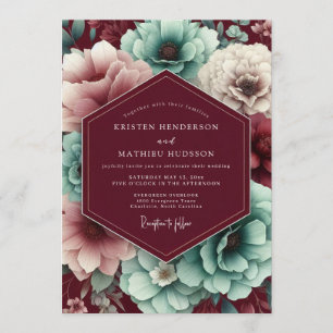Convite Casamento com Flora Outonal em Marrom e Azul-Teal