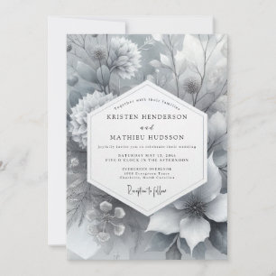 Convite Casamento com Flora Pintura em Tons de Cinza