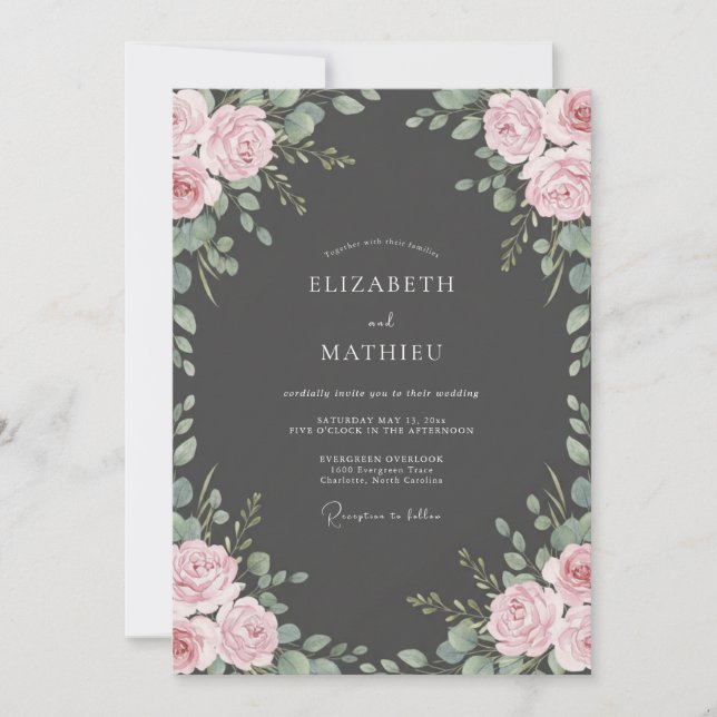 Convite Casamento com Flora Rosa e Carvão (Frente)