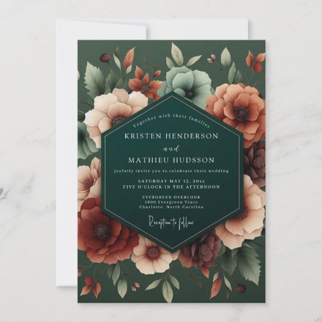 Convite Casamento com Flora Verde Esmeralda Luxuriante (Frente)