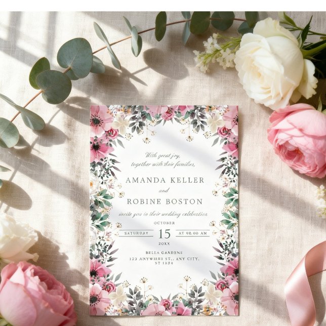Convite Casamento com Flora Verde Rosa (Criador carregado)