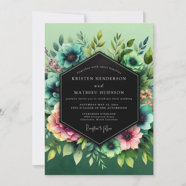 Convite Casamento com Flora Vibrante e Rubor Azul (Frente)