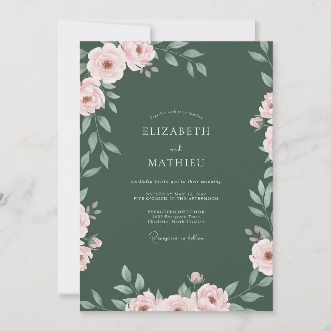Convite Casamento com Florada de Rosa e Esmeralda (Frente)