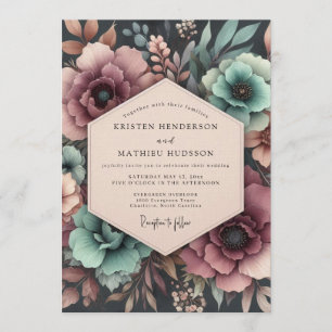 Convite Casamento com Florada Malva e Azul Turquesa Sombri