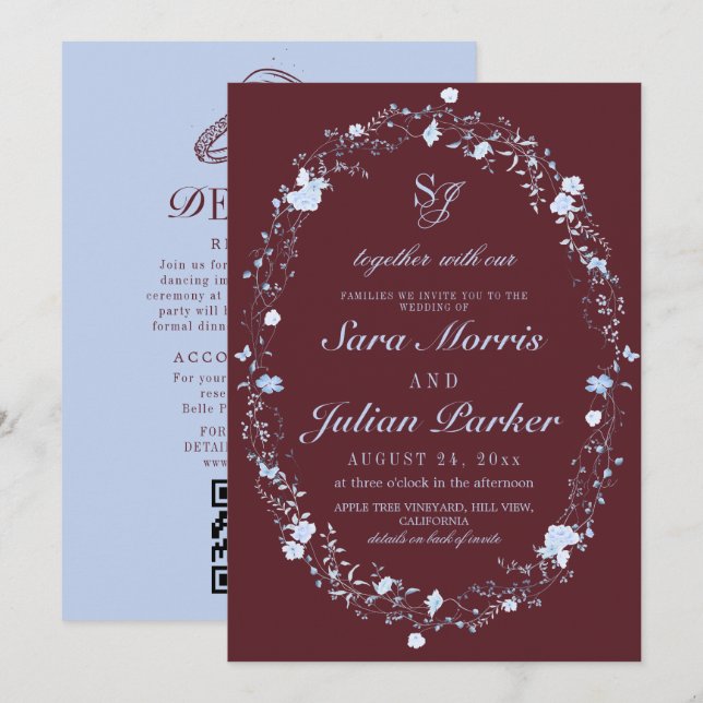 Convite Casamento com Florais Franceses Vermelho Vinho e A (Frente/Verso)