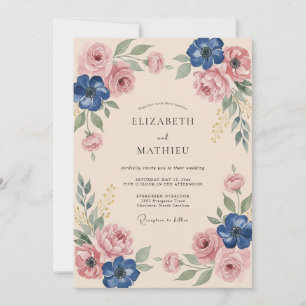 Convite Casamento com Floral Azul Desbotado e Rubor
