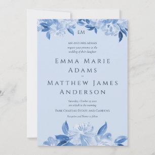 Convite Casamento com Floral Azul Escuro Caprichoso em Aqu
