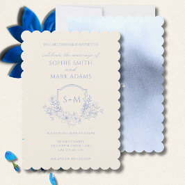 Convite Casamento com Floral Azul Pó Delicado com Brasão d
