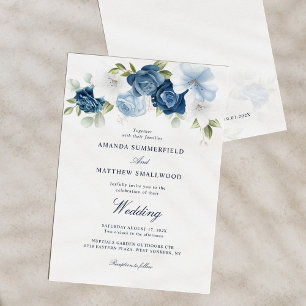 Convite Casamento com Floral Azul Poeira e Escrito em Azul