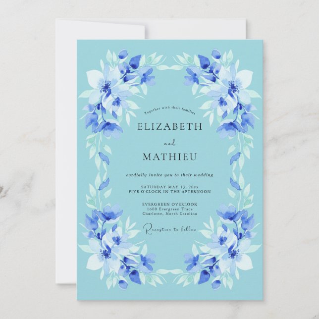 Convite Casamento com Floral Botânico Azul (Frente)