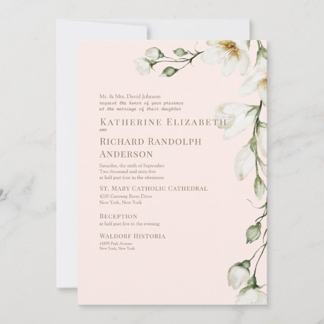 Convite Casamento com Floral Branco e Rosa Dourado (Frente)