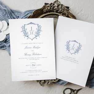 Convite Casamento com Floral Crest Monograma Azul Regência