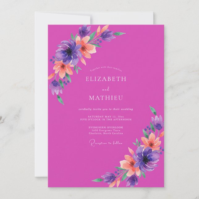 Convite Casamento com Floral de Água Magenta Roxo (Frente)
