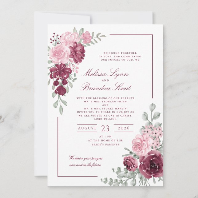 Convite Casamento com Floral de Aquarela em Script Elegant (Frente)