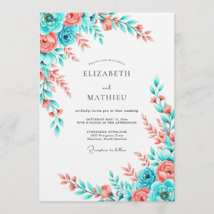 Convite Casamento com Floral de Coral Teal em Aquarela