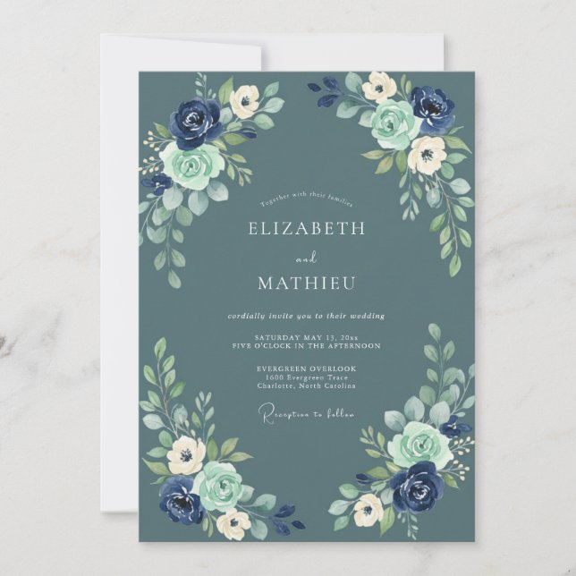 Convite Casamento com Floral de Nacarado Azul Naval em Aqu (Frente)