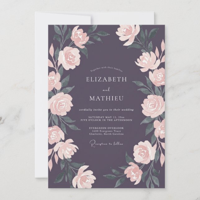 Convite Casamento com Floral de Plumagem Profunda em Aquar (Frente)