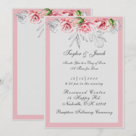 Convite Casamento com Floral Elegante Rosa e Cinza em Letr