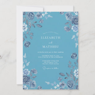 Convite Casamento com Floral em Aquarela Azul Céu