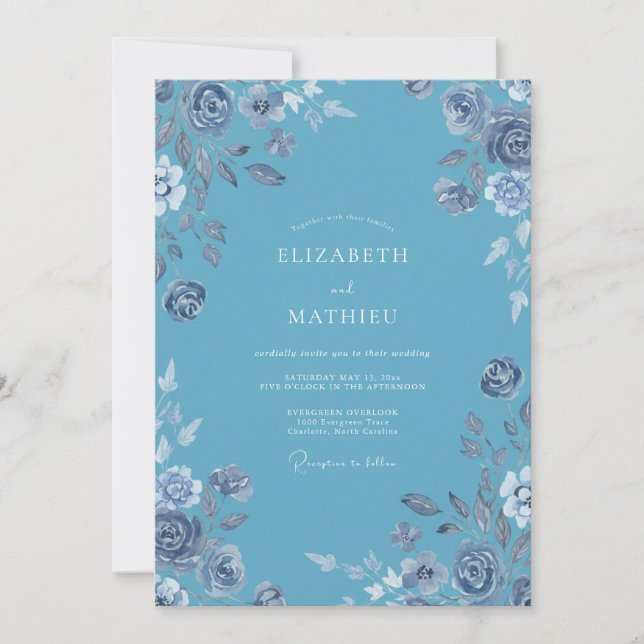 Convite Casamento com Floral em Aquarela Azul Céu (Frente)