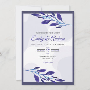 Convite Casamento com Floral em Aquarela Azul Marinho Eleg