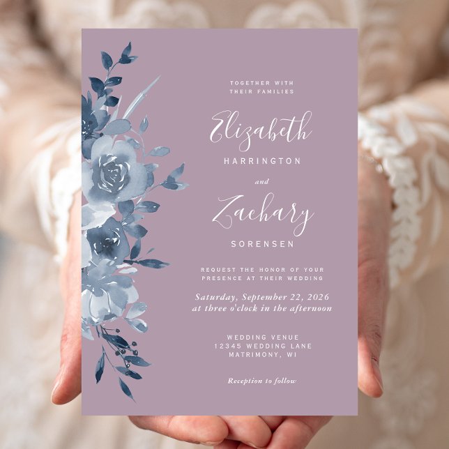 Convite Casamento com Floral em Aquarela Azul Poeirento Ro (Criador carregado)