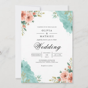 Convite Casamento com Floral em Aquarela Coral Turquesa