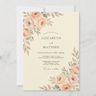 Convite Casamento com Floral em Aquarela de Pêssego e Cham