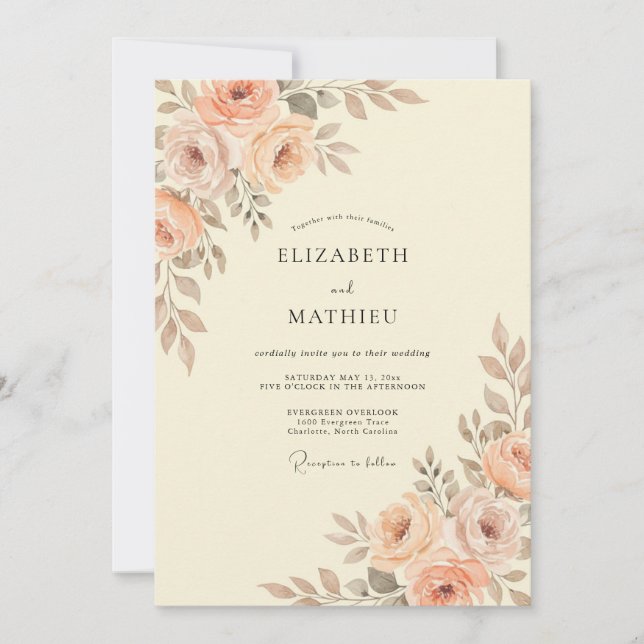 Convite Casamento com Floral em Aquarela de Pêssego e Cham (Frente)