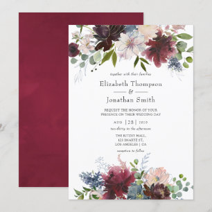 Convite Casamento com floral em aquarela em burgundy e azu