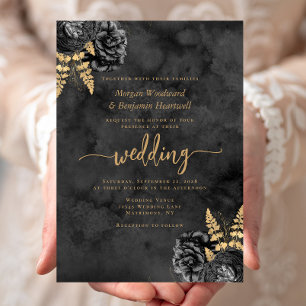 Convite Casamento com Floral em Aquarela Preta e Dourada E
