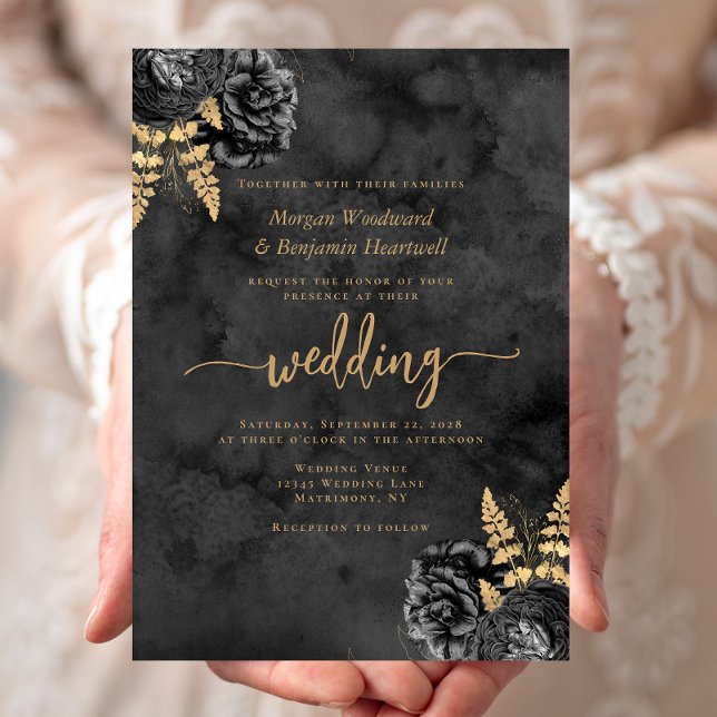 Convite Casamento com Floral em Aquarela Preta e Dourada E (Criador carregado)