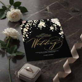 Convite Casamento com Floral em Aquarela Preto e Dourado E