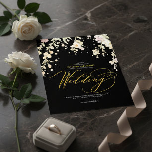 Convite Casamento com Floral em Aquarela Preto e Dourado E