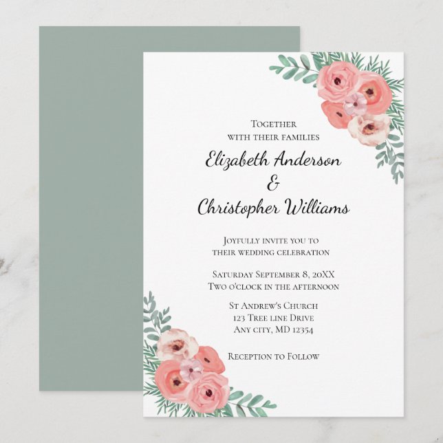Convite Casamento com Floral em Aquarela Rosa e Verde Eleg (Frente/Verso)
