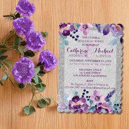 Convite Casamento com Floral em Aquarela Roxo e Brilho Pra