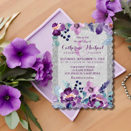 Convite Casamento com Floral em Aquarela Roxo e Brilho Pra
