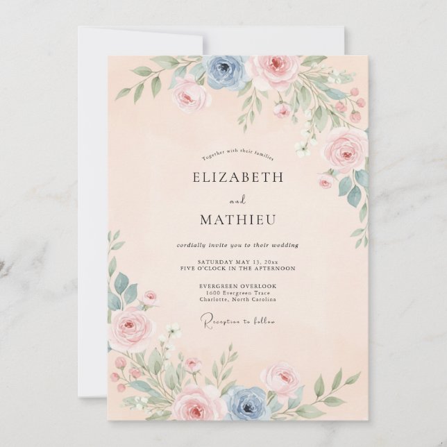 Convite Casamento com Floral em Azul Suave e Pêssego em Aq (Frente)